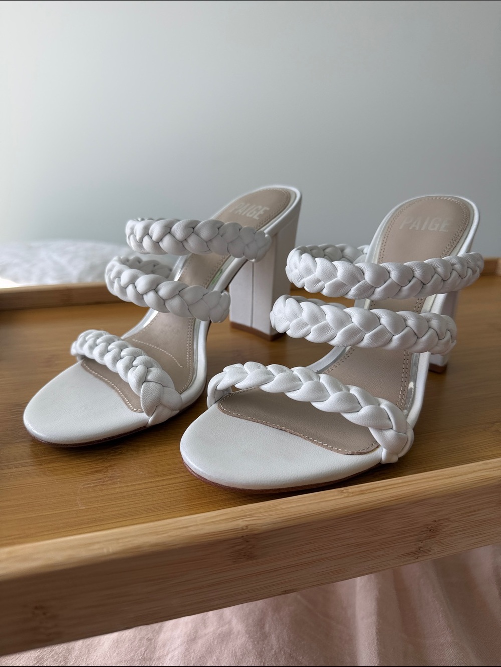 PAIGE Nora Braided Leather Block Heel Sandals – White - Size 7.5